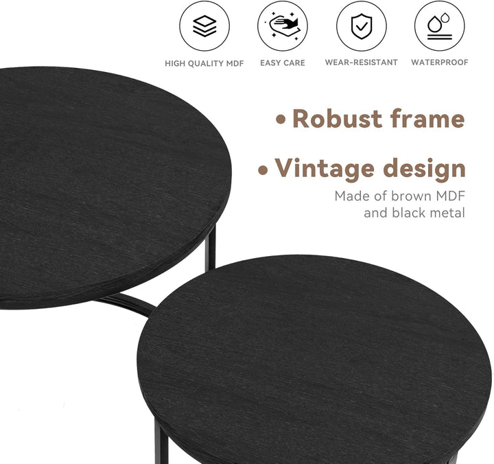 2 Stücke Beistelltisch Set rund, Couchtisch aus Holz mit Metallrahmen,Moderne Kaffeetische Satztisch