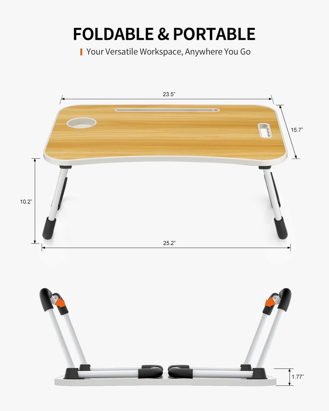 Faltbarer Laptoptisch, tragbarer Schossschreibtisch, Betttisch, Laptopständer mit Getränkehalter & T