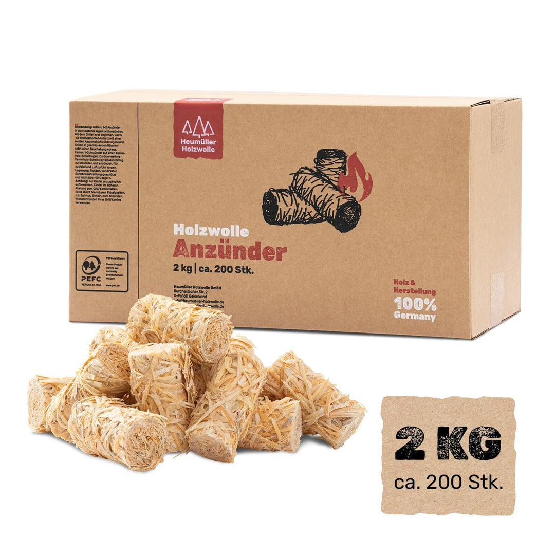 Heumüller Holzwolle Premium Holzwolle-Anzünder 2,5 kg (ca. 200 Stück) | Öko-Anzünder aus Holzwolle &