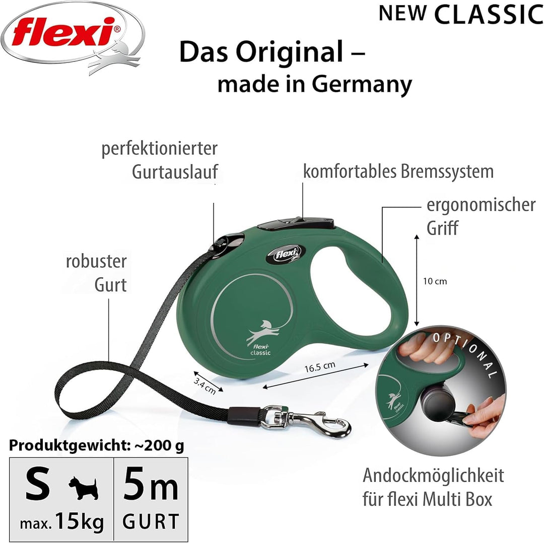 flexi® Classic S Gurt 5 m olivgrün, Roll-Leine für Hunde bis 15 kg
