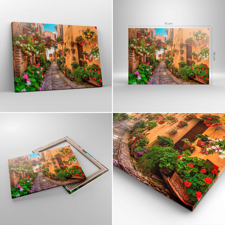 Bilder auf Leinwand Path Blumen Haus Hof Leinwandbild mit Rahmen 70x50cm Wandbilder Dekoration Wohnz