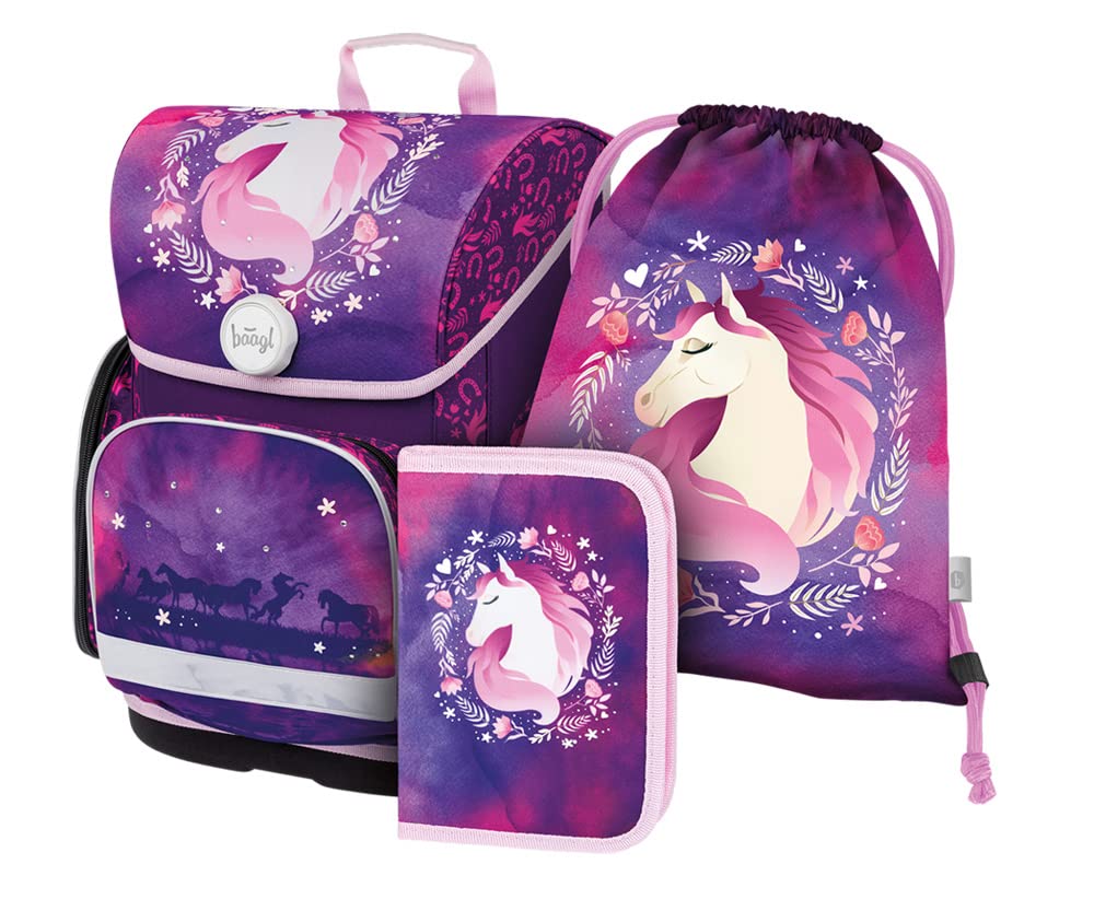 Baagl Schulranzen Mädchen Set 3 Teilig, Ergo Schultasche ab 1. Klasse, Ergonomische Grundschule Ranz