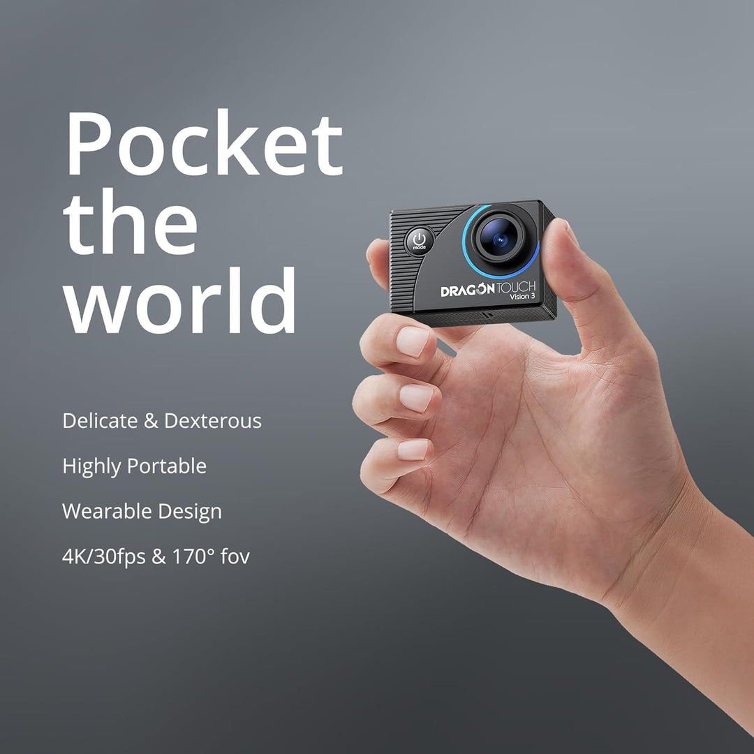 Dragon Touch Action Cam, 4K30FPS 20MP Unterwasserkamera WiFi 170 ° Weitwinkel mit 2 Zoll Ultra HD Sc