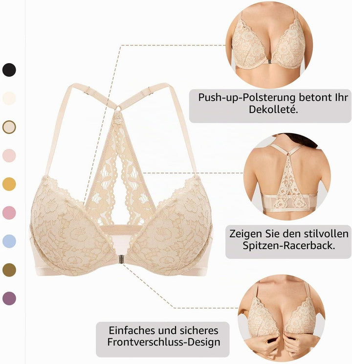 DOBREVA Damen Vorderverschluss BH mit Bügel Push Up Spitzen Neckholder BHS Racerback Tiefer Ausschni