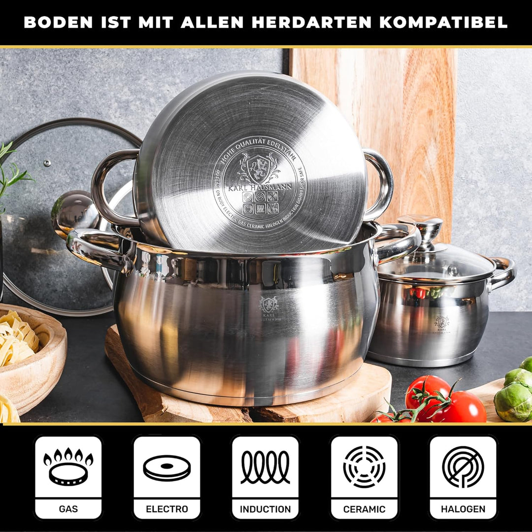 Topfset Induktion 3-teilig, Kochtopf Set mit Glasdeckel, Edelstahl mattiert, Induktions Töpfe Set un