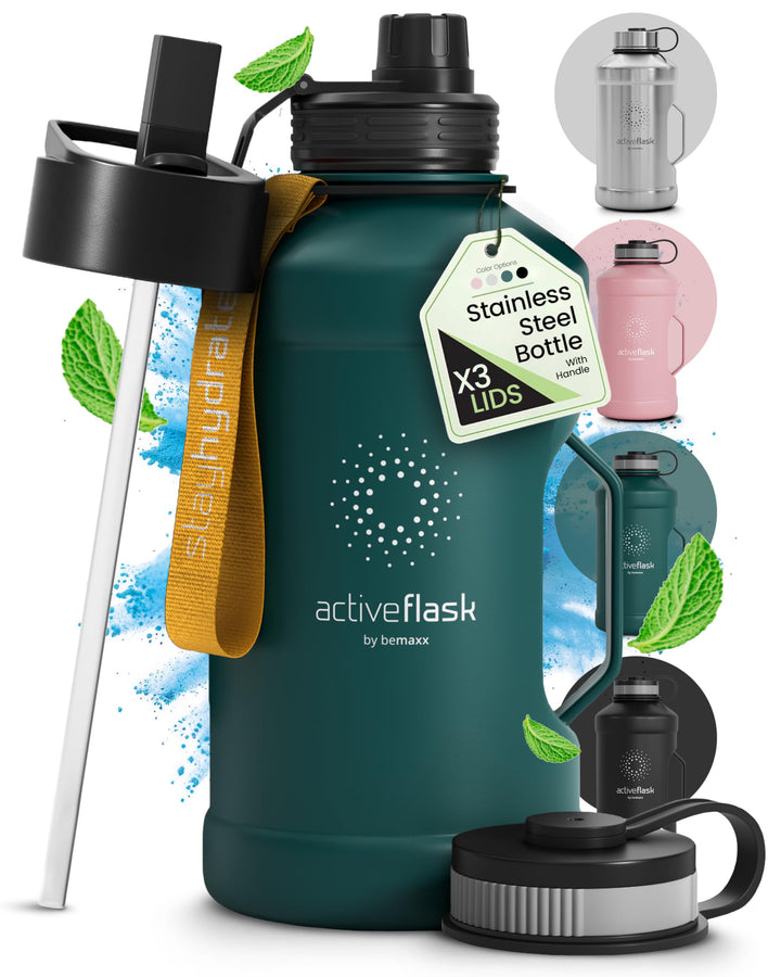 BeMaxx Trinkflasche Edelstahl ACTIVE FLASK + Strohhalm (3 Deckel) | Grosse 2,2 Liter Sportflasche BP
