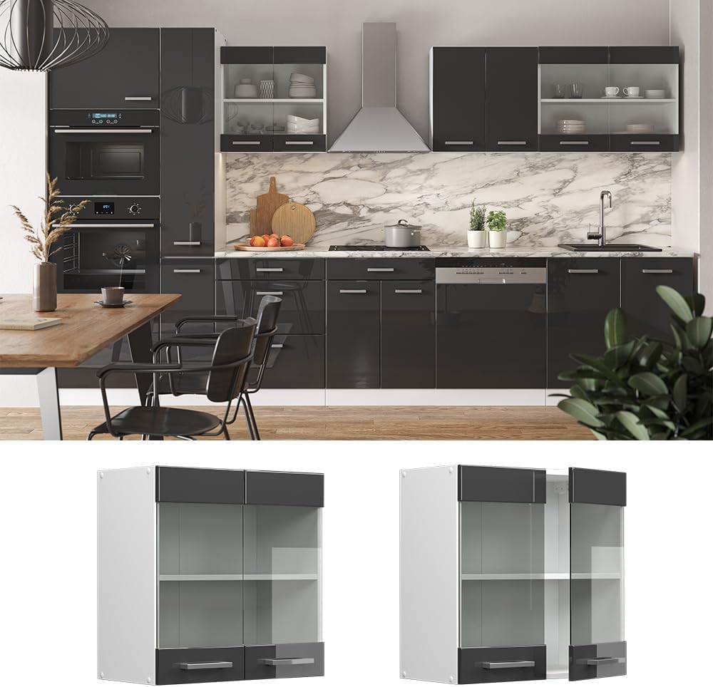 Vicco Küchenschrank Glas R-Line, Anthrazit Hochglanz/Weiss, 60 cm Anthrazit Hochglanz Hängeglasschra