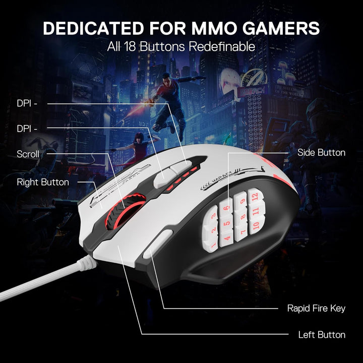 Redragon M908 Impact RGB MMO Gaming Maus, Ergonomische Optische Kabelmaus mit Max. 24.000 DPI, Hohe