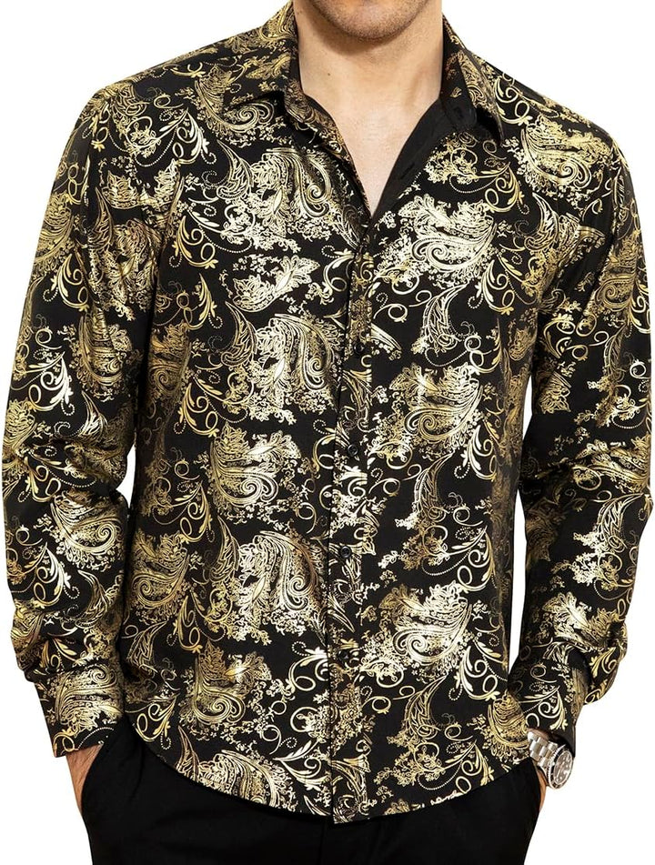 HISDERN Herren Paisley Hemd Langarm Satin Blumen Muster Hemd für Männer Jacquard Stickerei Freizeith