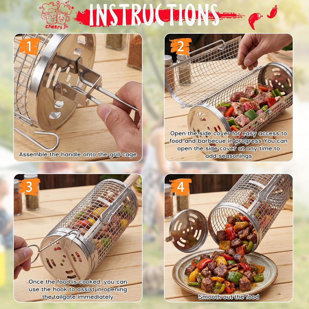 Rollender Grillkorb 2er Set,Nestbar Rollgrillkorb Abnehmbarem Holzgriff Doppelte Öffnung Edelstahl 3