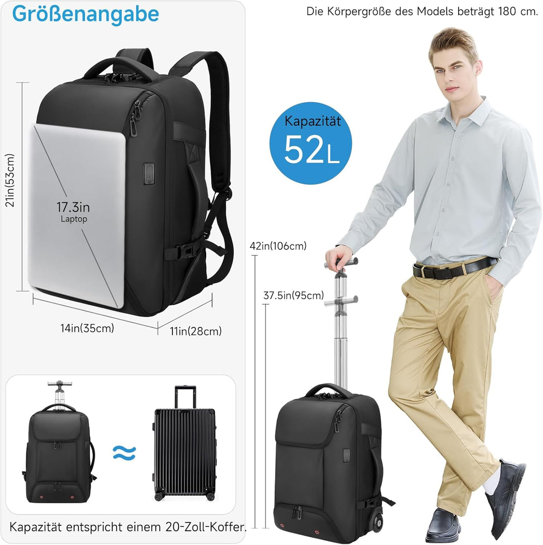Reiserucksack mit rollen,17 Zoll Laptop trolley rucksack, Wasserfester Handgepäck-Rucksack mit USB-C