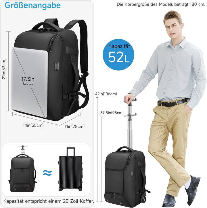 Reiserucksack mit rollen,17 Zoll Laptop trolley rucksack, Wasserfester Handgepäck-Rucksack mit USB-C