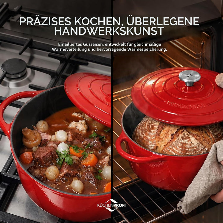 Küchenprofi Gusseisen Bräter mit Deckel, rot/innen schwarz , 26 cm, Schmortopf, Auflaufform, Dutch O