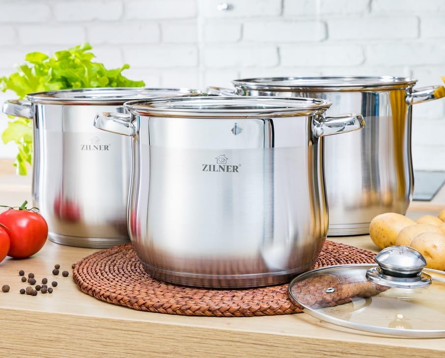 Topfset Edelstahl 6-teilig, Glasdeckel, 17 L 20 L 23 L, Silber | Kochtopf Set für Induktion, Gas, El
