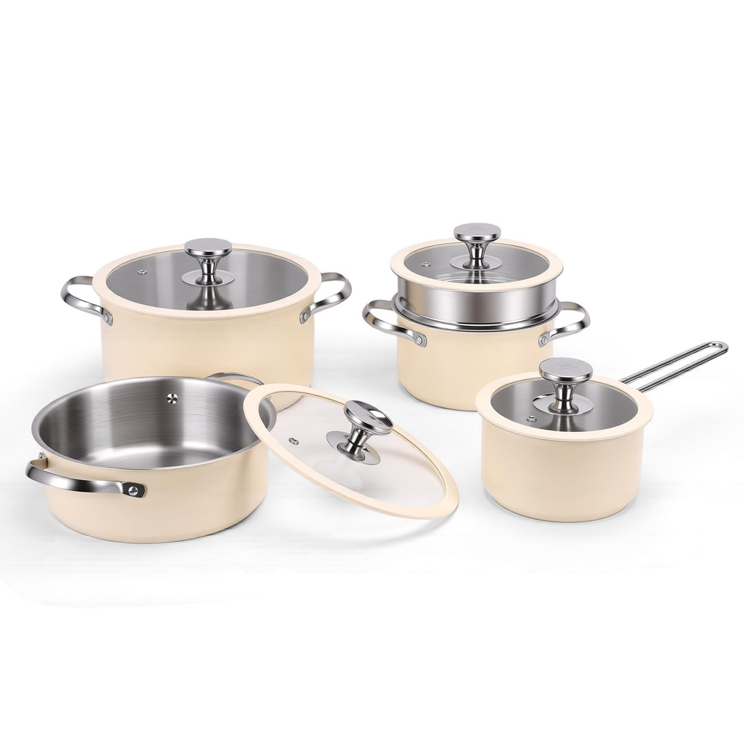 Edelstahl Kochgeschirr-Set Keramikbeschichtet, Beige | Kochtopf, Dampftopf, Suppentopf, Antihaftbesc