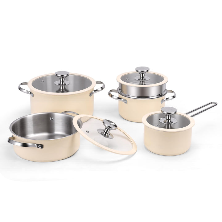 Edelstahl Kochgeschirr-Set Keramikbeschichtet, Beige | Kochtopf, Dampftopf, Suppentopf, Antihaftbesc
