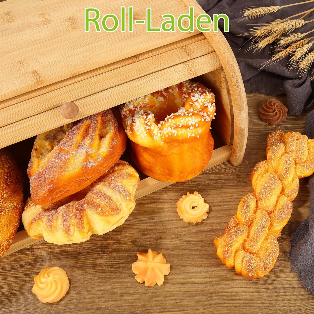 Brotkasten Holz, Brotkästen aus Bambus, 40 x 27 x 16,5 cm, Brotbox aus Holz mit Rolldeckel, Aufbewah