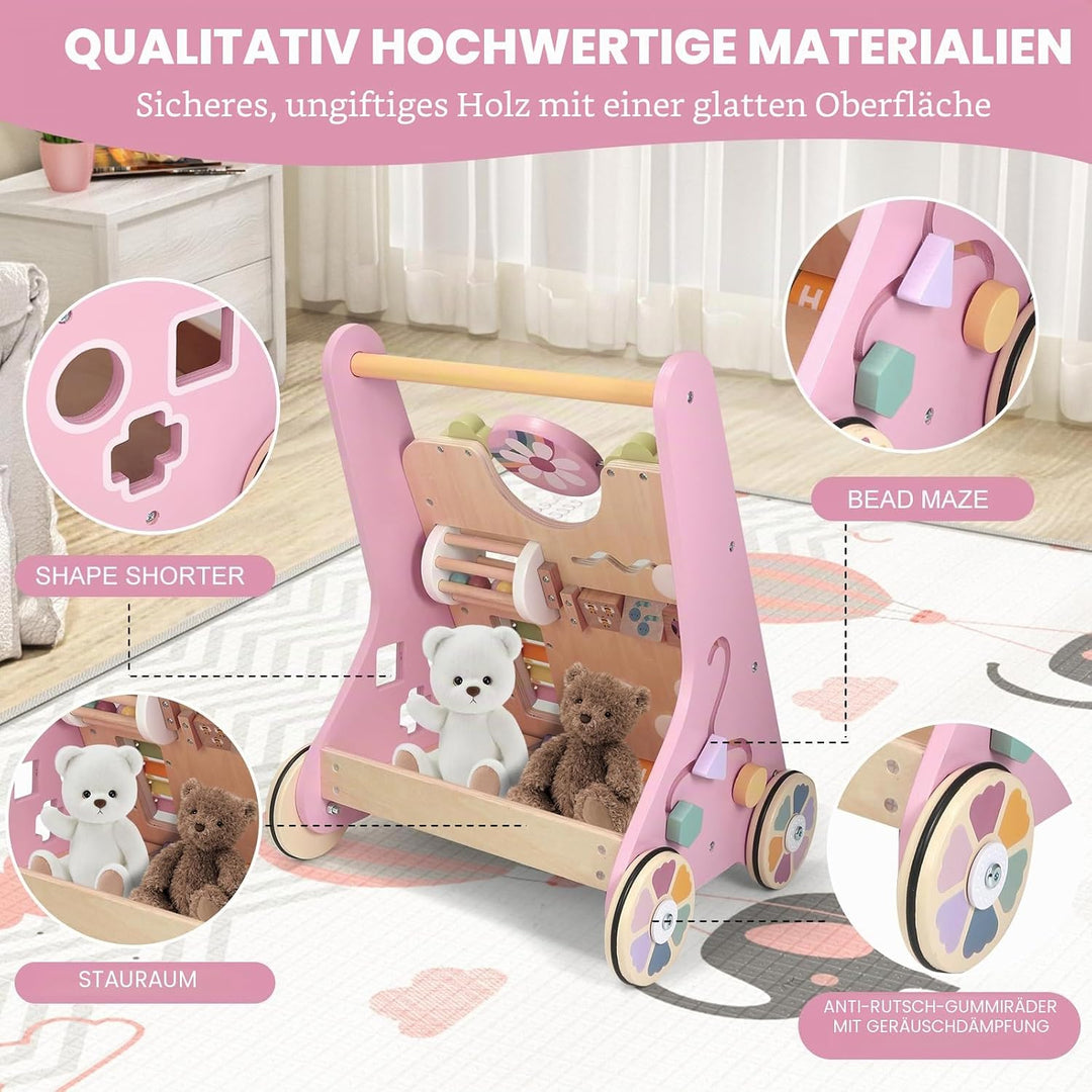 11 in 1 Lauflernhilfe Holz Multifunktion Baby Walker mit gummierten Holzrädern, Kognitive Entwicklun