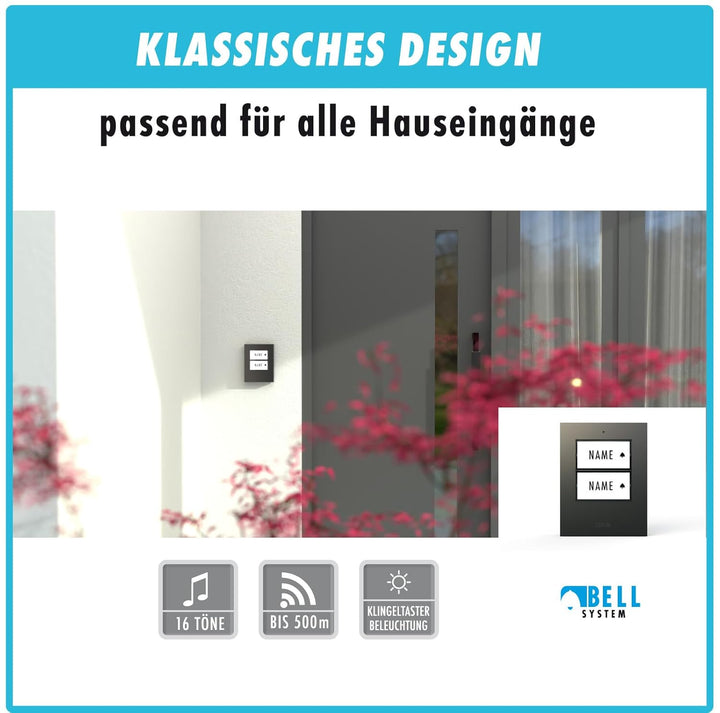 m-e Funkklingel BELL-522 AC Anthrazit mit Sender und Empfänger für 2-Familienhaus | Erweiterbare kab