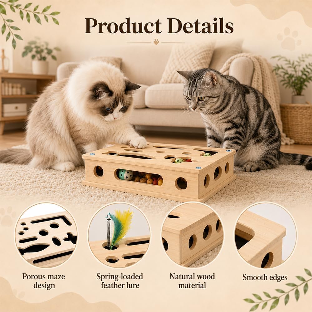 2 in 1 Katzen Kratzpuzzle Box, Beschäftigungsbox Krallenfeile mit 3 Glockenbällen, Katzen Krallenpfl