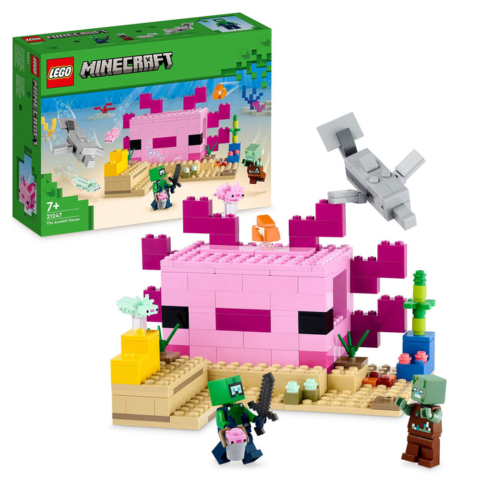 LEGO 21247 Minecraft Das Axolotl-Haus Set, baubare rosa Unterwasserbasis mit Taucherforscher, Zombie