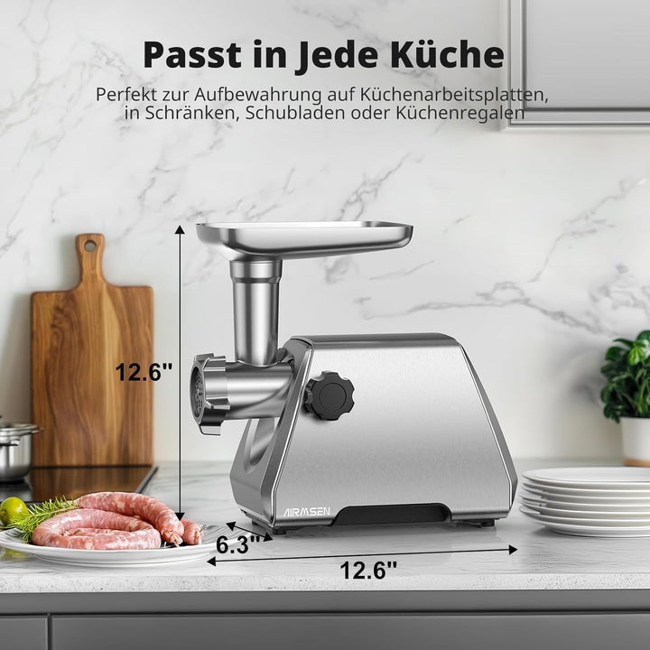 AIRMSEN Elektrischer Fleischwolf mit Wurstfüller, 2 Edelstahlklingen, 3 Mahlplatten und Kubbe-Zubehö