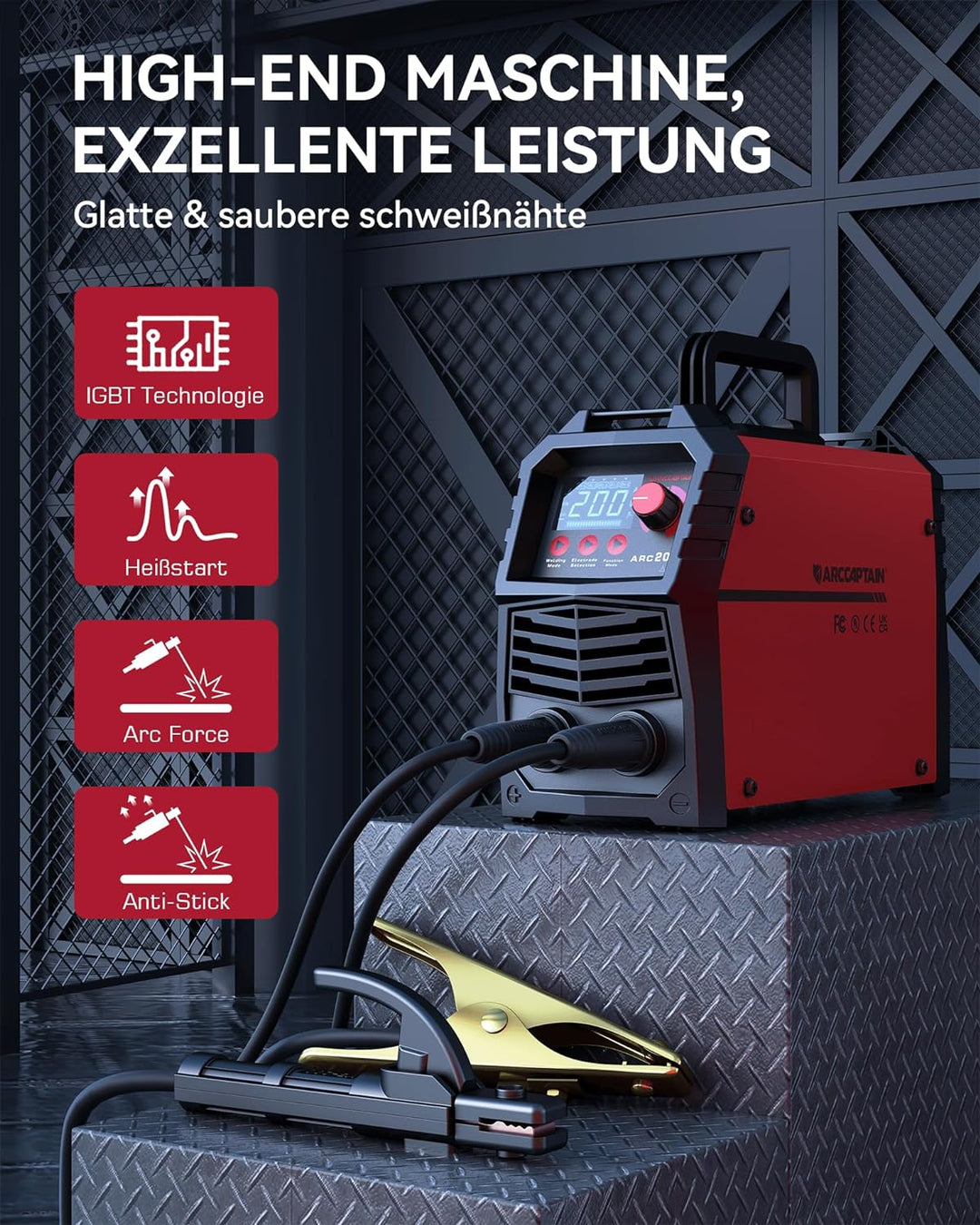 ARCCAPTAIN ARC 200 Schweissgerät: 200A IGBT DC Schweissgerät mit LED-Anzeige, Synergetische Steuerun