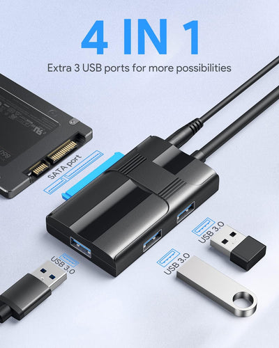 ABLEWE SATA auf USB 3.0 Adapter, 2,5 Zoll / 3,5 Zoll Festplattenadapter mit 3 USB 3.0 Ports für Univ