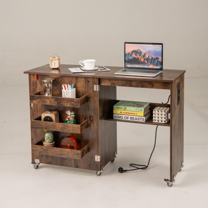 FANTASK 2 in 1 Zusammenklappbarer Nähtisch, Nähmaschinenschrank mit Ladestation, Regalen und abschli