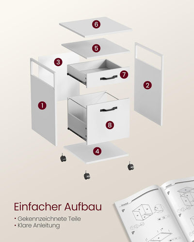VASAGLE Rollcontainer, Aktenschrank mit 2 Schubladen, mobiler Büroschrank mit Rädern, offenes Fach,