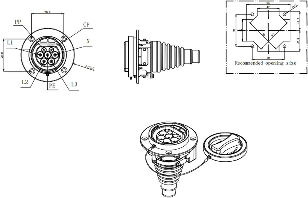 Typ 2 EV-Ladesteckdose New Energy Vehicles Ladesteckdose Typ 2 Dreiphasig 480 V 16 A 32 A Universal