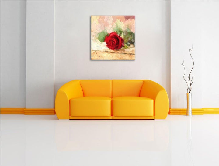 Pixxprint Rote Rose auf altem Holztisch, Format: 70x70 auf Leinwand, 70x70
