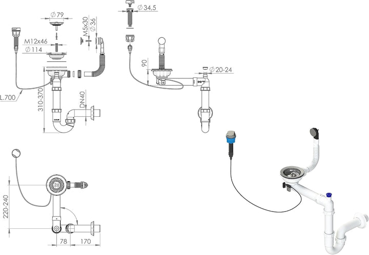 GRANMASTER Automatischer Platzsparender 1-Kammer-Siphon mit überlauf - Ablaufgarnitur für Spüle - Ma
