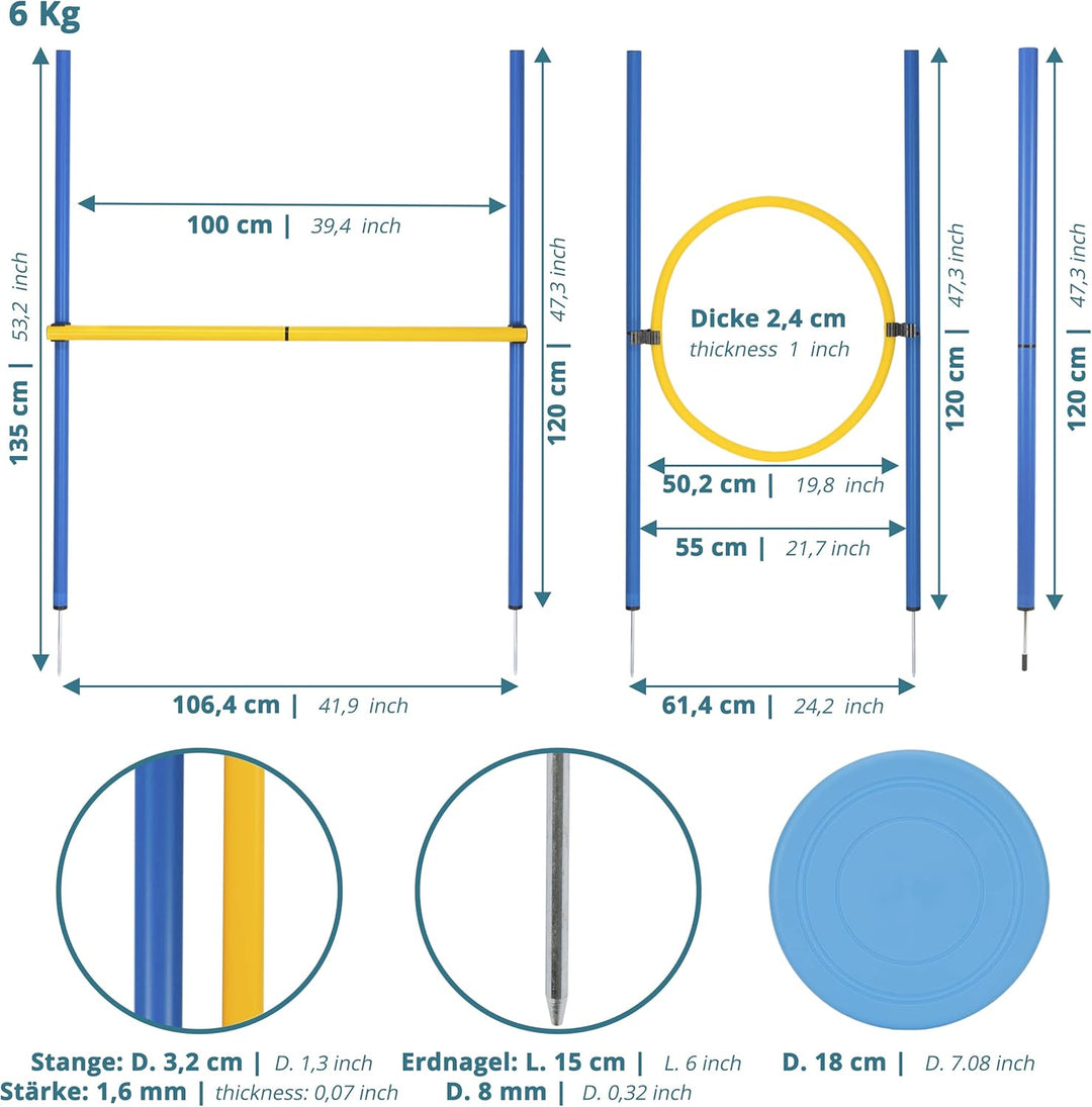 valuents Slalom Stangen mit 2 Hürde + 1 Ring - blau/gelb - Slalomstangen/Hindernis/Sprungring – Agil