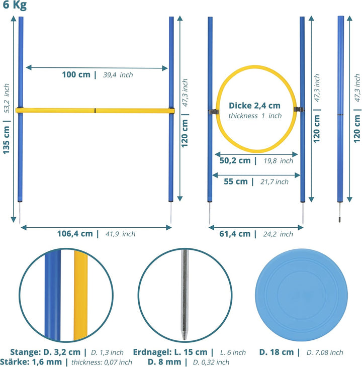 valuents Slalom Stangen mit 2 Hürde + 1 Ring - blau/gelb - Slalomstangen/Hindernis/Sprungring – Agil