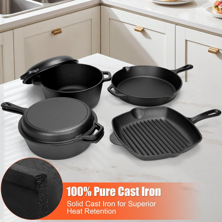 GFTIME Gusseisen Kochgeschirr Set 5-teilig, Gusseisen mit Dutch Oven 5 QT, Schmortopf 3,2 QT mit Pfa