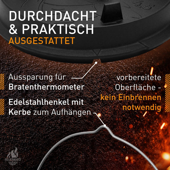Dutch Oven 6,5L ohne Füsse – Grosser Gusseisen Topf für Herd, Induktion, Backofen, Braten, Brot, Gri