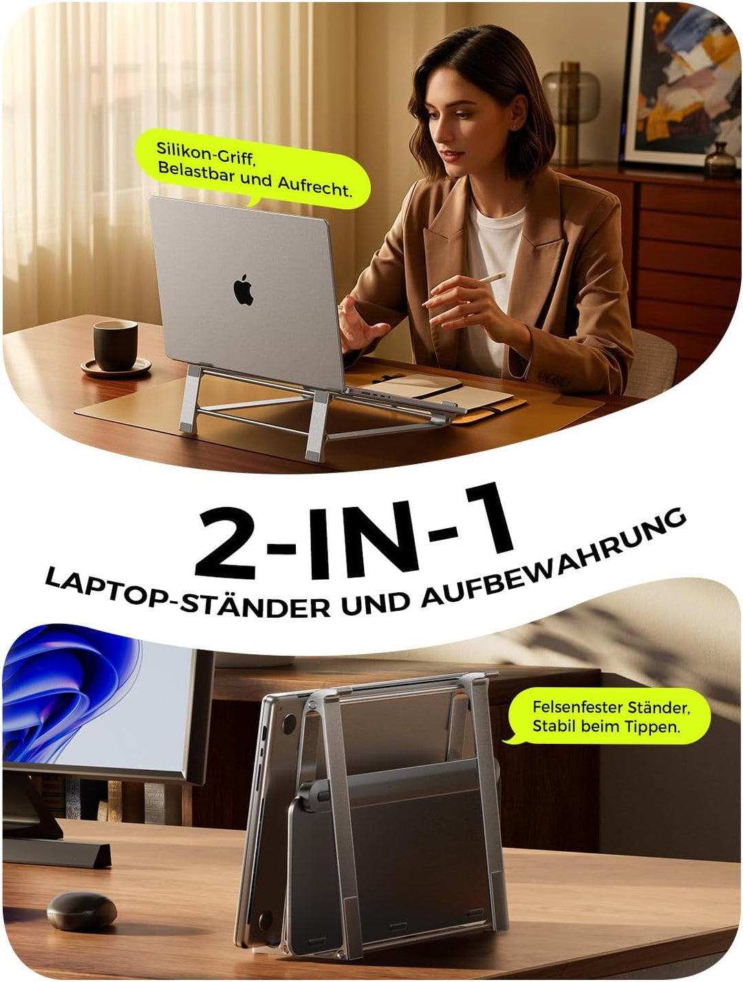 MAGIC JOHN Vertikaler Laptop Ständer & Aufbewahrungshalter–Tragbarer Aluminium Ständer mit Silikonpo