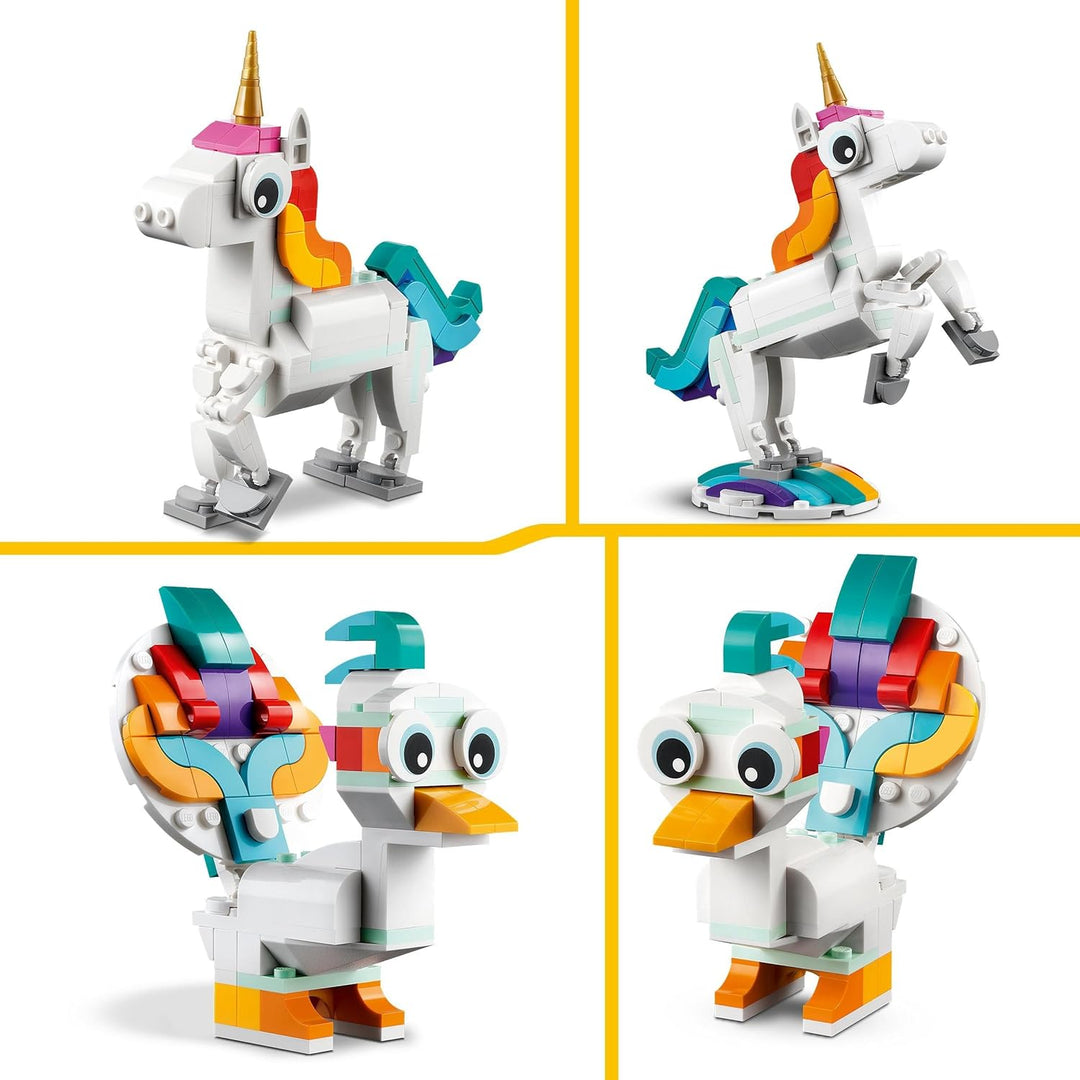 LEGO 31140 Creator 3in1 Magisches Einhorn Spielzeug, Seepferdchen, Pfau, Regenbogen-Einhorn-Tierfigu
