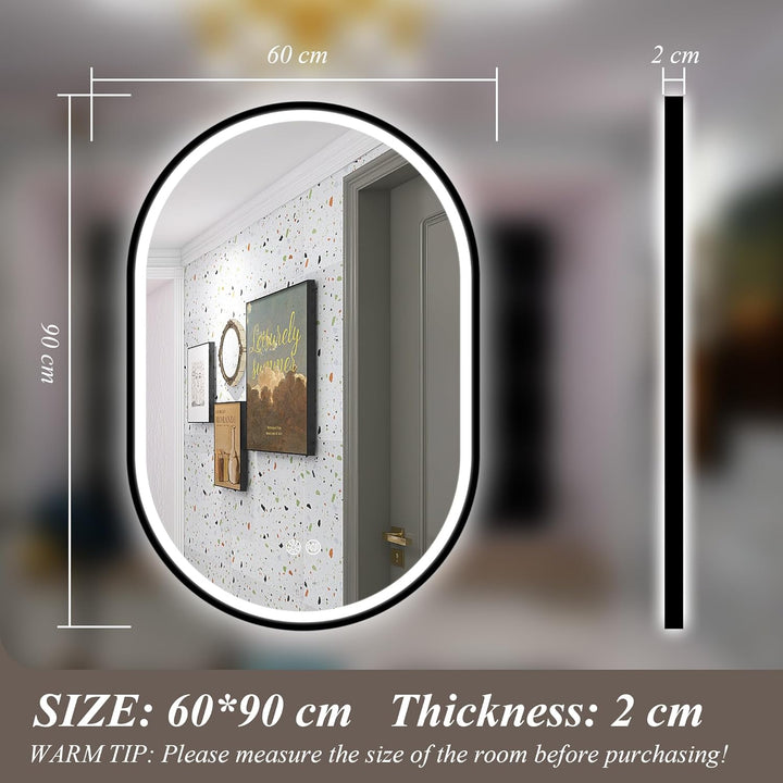 S'bagno Badspiegel mit Beleuchtung Oval 60x90cm, LED Badezimmerspiegel mit Aluminiumrahmen, Nebelfre