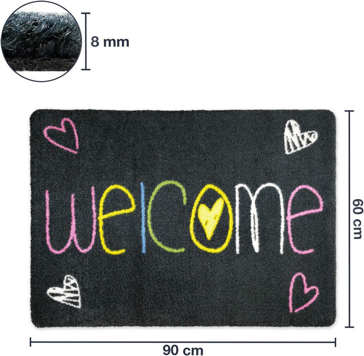 NEU! Waschbare Fussmatte Welcome Heart 60x90cm Grau ohne Rand - Leicht zu reinigen, rutschfest und s