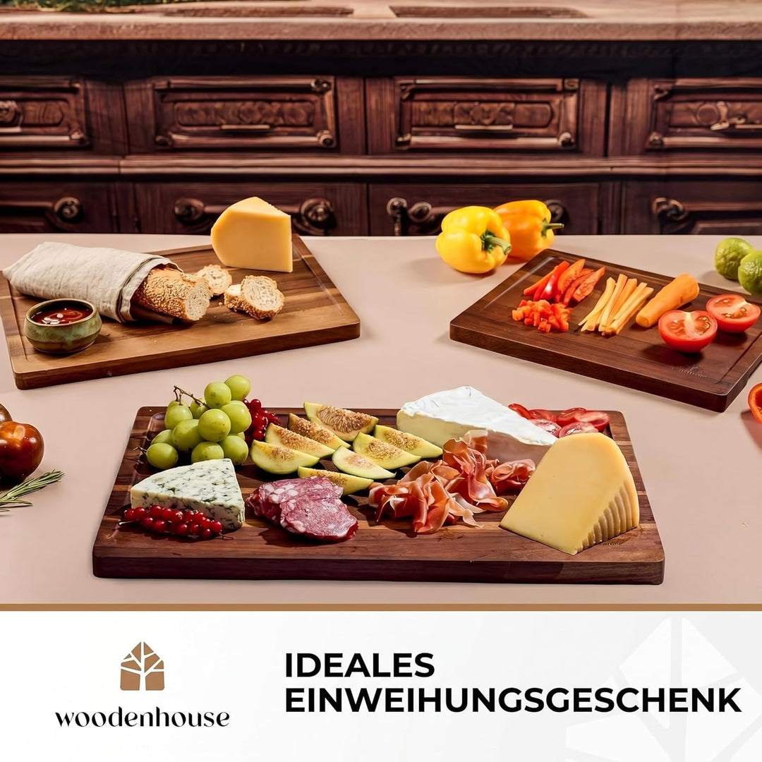 Akazienholz Schneidebrett Set Mit Ständer, 3er Set - Premium Akazienholz, Langlebig Holzbrett Küche