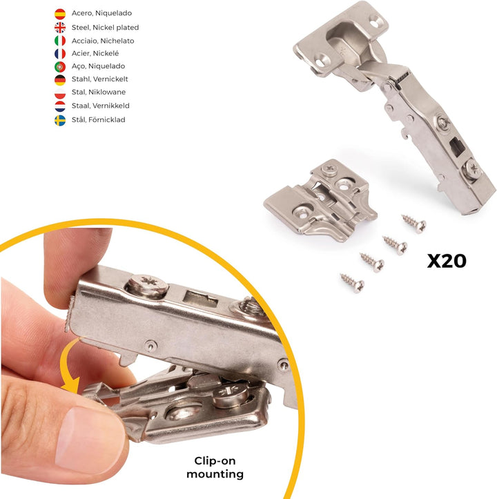 Emuca 1011007 Pack aus 20 Topfscharnieren Ø35mm 100° für sich überlappende Türen und Zusätze zum Fes