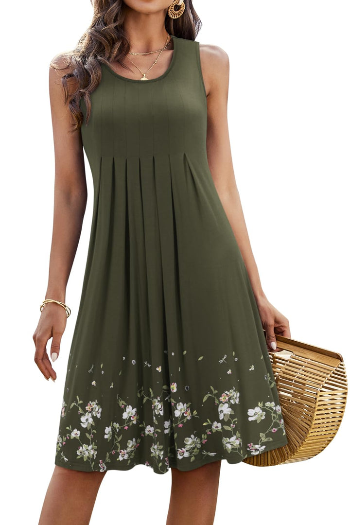 KILIG Sommerkleid Damen Strandkleid Midi Ärmellose Kleid Sommer Leicht Blumenkleid Freizeitkleid A1-
