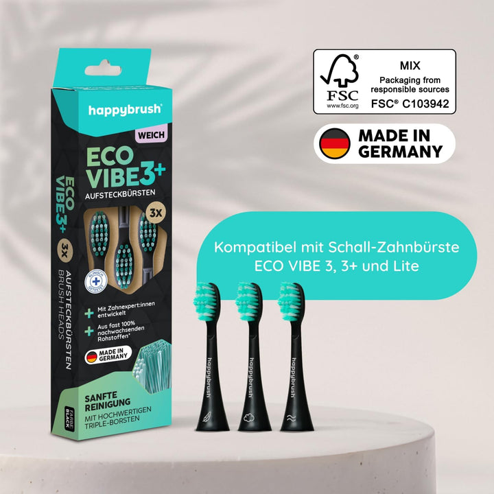 happybrush® Nachhaltige Aufsteckbürsten für elektrische Schall-Zahnbürste Eco VIBE 3 - Schwarz/Mint