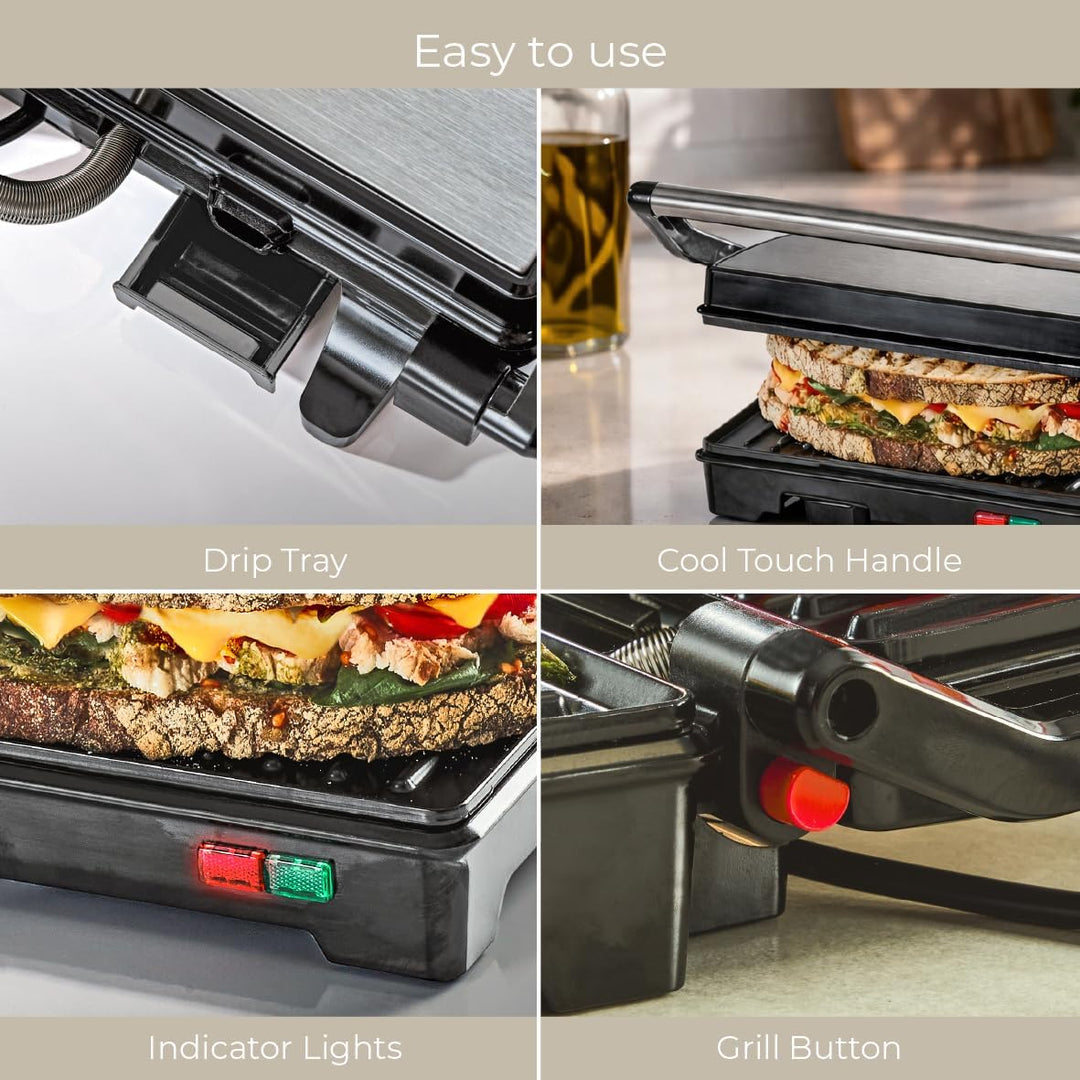 Quest 34340 Panini Sandwichmaker für Presse und Grill, kompaktes Edelstahldesign, antihaftbeschichte