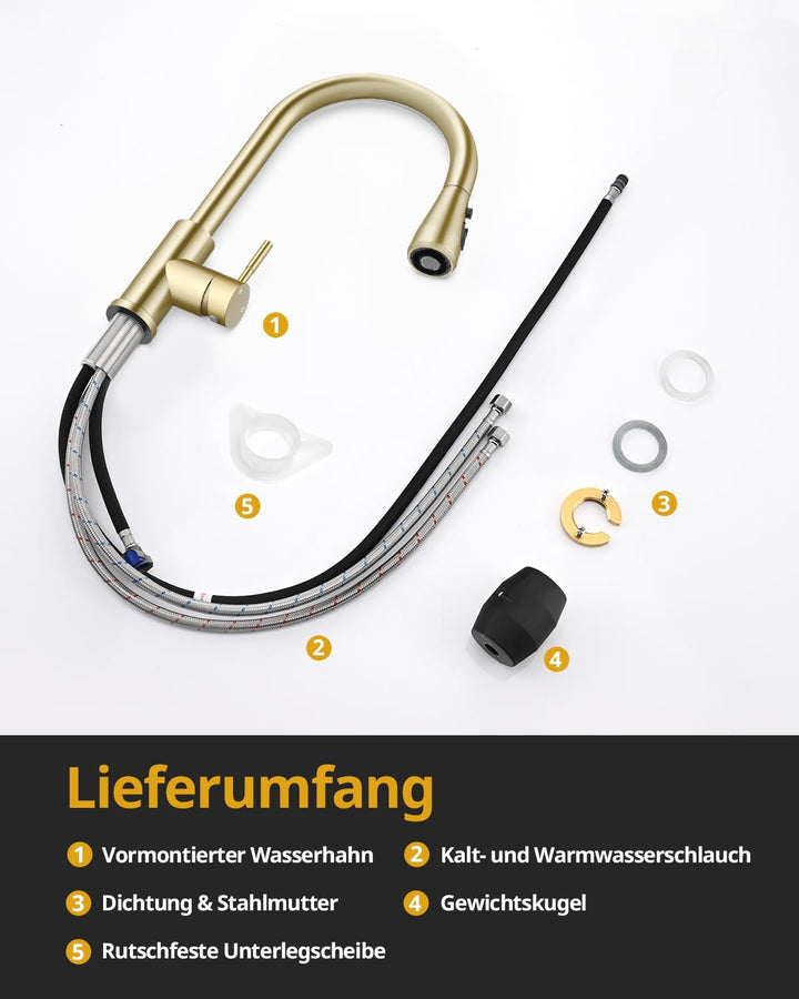 Küchenarmatur, Ausziehbarer Wasserhahn mit Edelstahl-Sprühbrause und 3 Sprühfunktionen, 360° schwenk