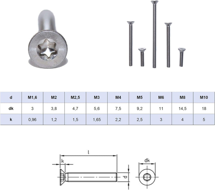 Senkschrauben mit Innensechsrund M5X90/90 TX25 50 Stück ISO 14581 A2 Edelstahl rostfrei Senkkopfschr