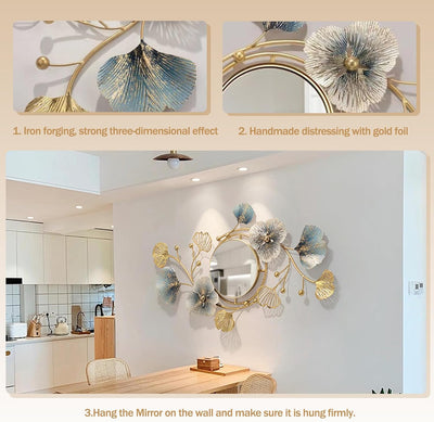 GERHWASH Wandspiegel Gross Ginkgo-Blatt Deko Spiegel 118 * 68cm Kreativer Metall Spiegel Wand für Wo