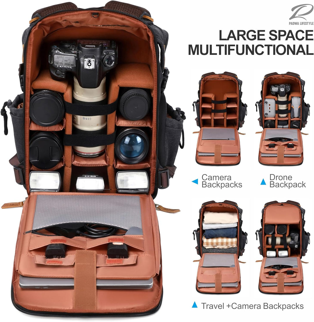 Padwa Lifestyle Kamerarucksack - Gewachstem Memory Canvas Kamerarucksack mit 16“ Laptop-/Objektivfac